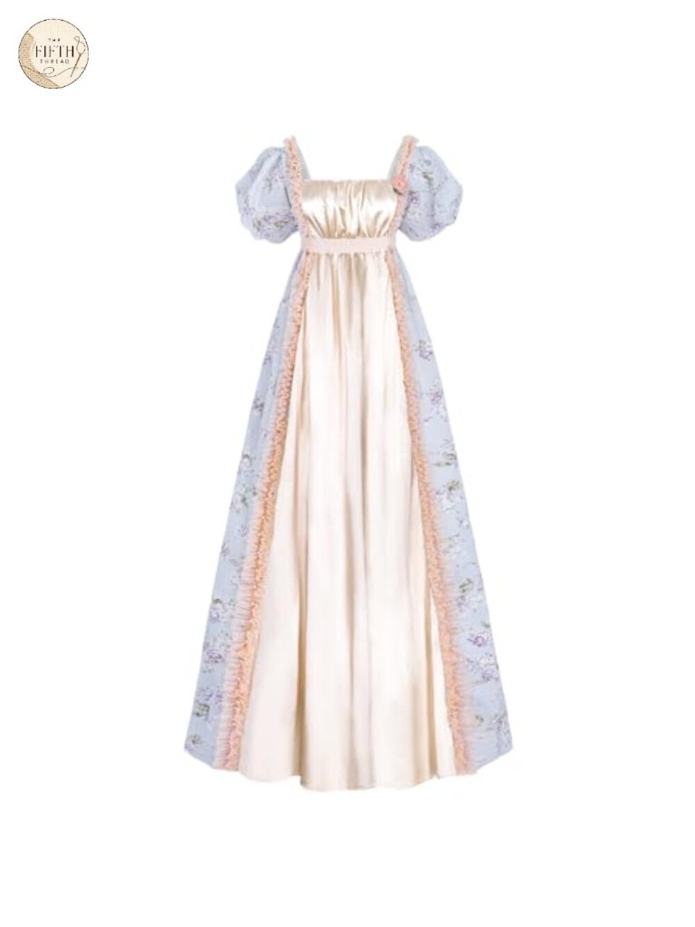 Regency Dress Empire Waist Satin Gown Ruffled Neck Puff Sleeves